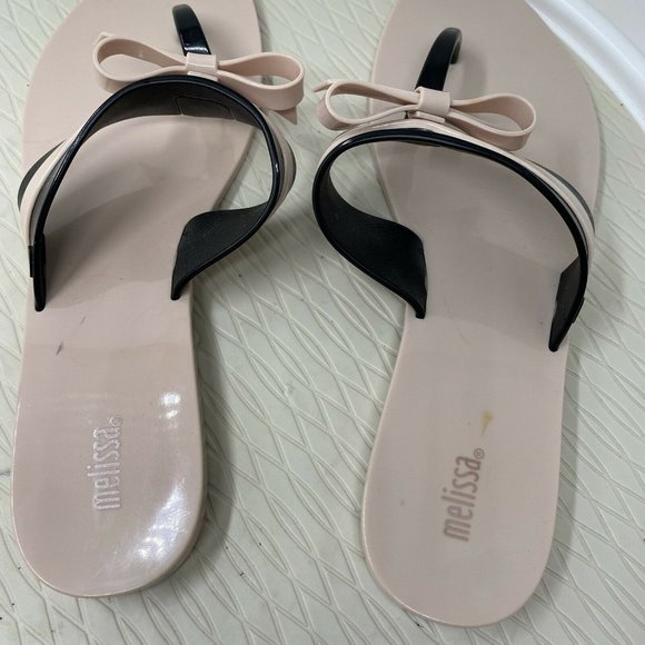 Melissa Shoes Jelly Sandals Flip Flops 10 Bow Vegan Plastic Pink Black Brazil - Picture 8 of 12